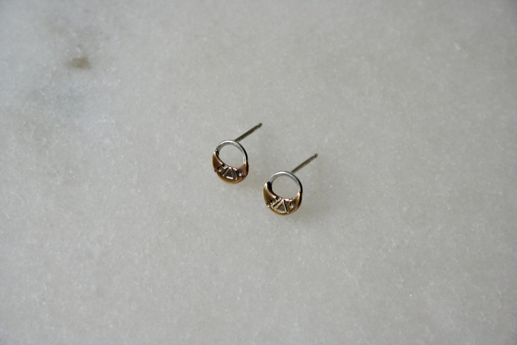 Brass and Silver unique Moon shapes design Stud earrings, Stamped Gold Moon Studs, Rustic Brass Jewelry, Open Circle Earrings, Western