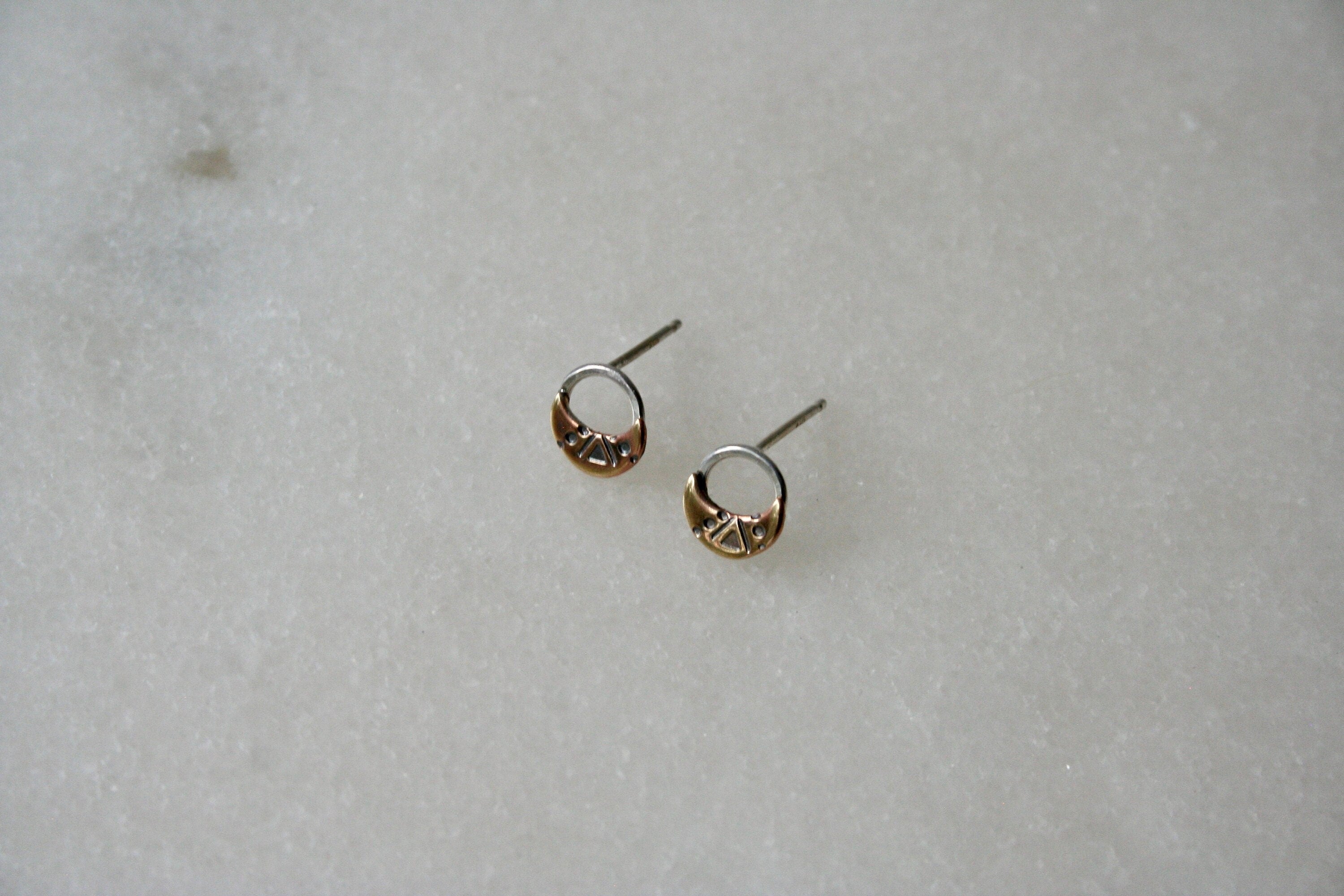 Brass and Silver unique Moon shapes design Stud earrings, Stamped Gold Moon Studs, Rustic Brass Jewelry, Open Circle Earrings, Western