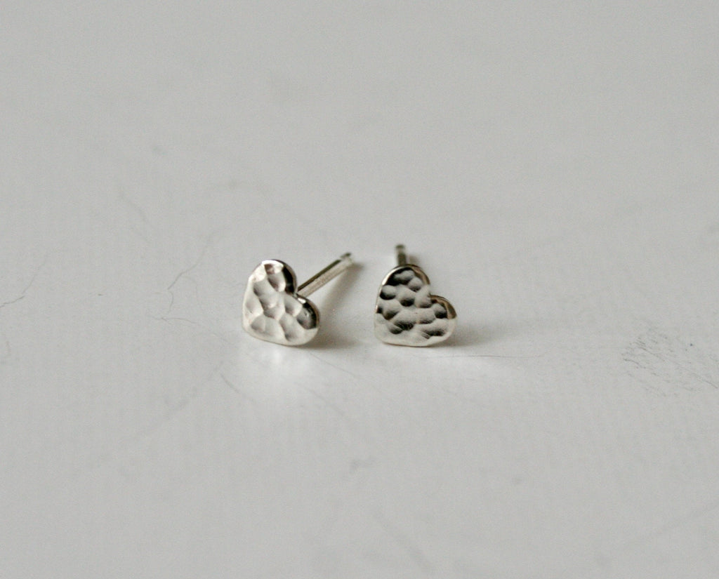 Hammered Sterling Silver Heart Stud Earrings, Tiny 5mm