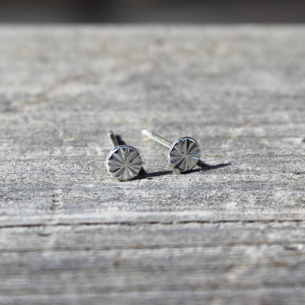 Dainty Sterling Silver Stud Earrings, Round Tiny Studs, Circle Earrings for Cartilage, Unique Hand Stamped Silver Jewelry, Gift for Her