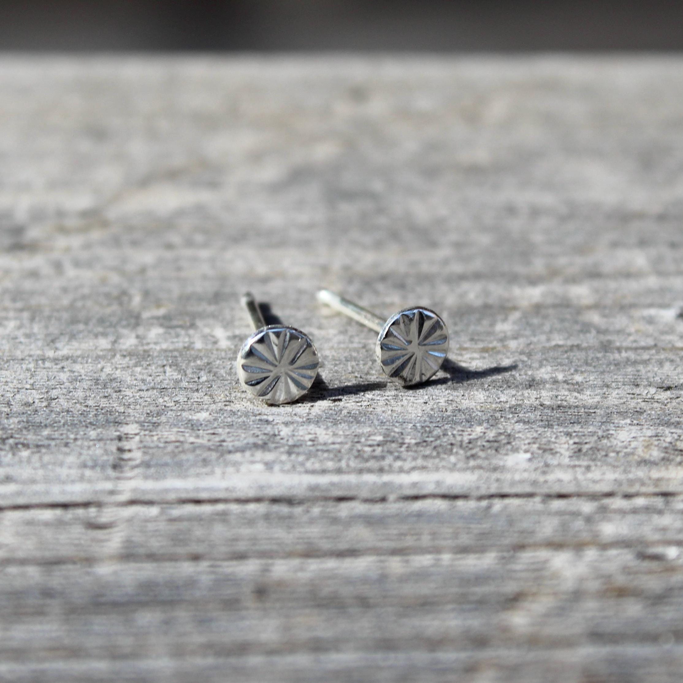 Dainty Sterling Silver Stud Earrings, Round Tiny Studs, Circle Earrings for Cartilage, Unique Hand Stamped Silver Jewelry, Gift for Her