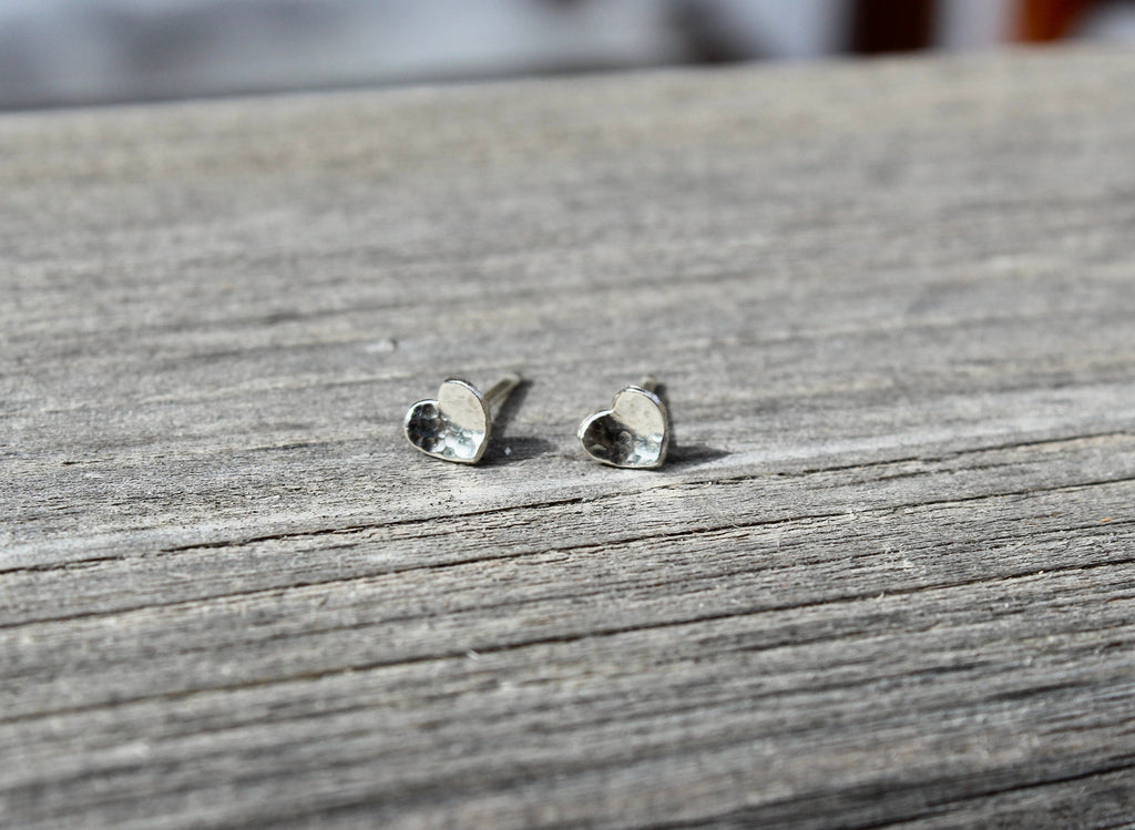 Hammered Sterling Silver Heart Stud Earrings: Handmade Minimalist Jewelry