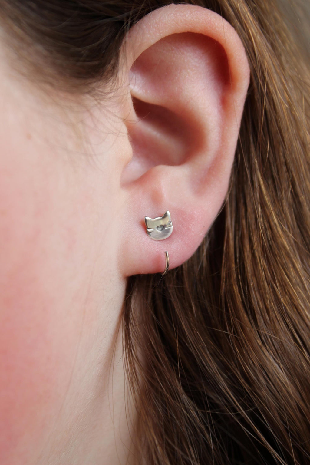 Cat Huggie Hoop Earrings, Backless Sleeper Earrings, Gift for Cat Lady, Kitty Jewelry, Small Cat Earrings, Silver Hoops, Fun Girls Earrings