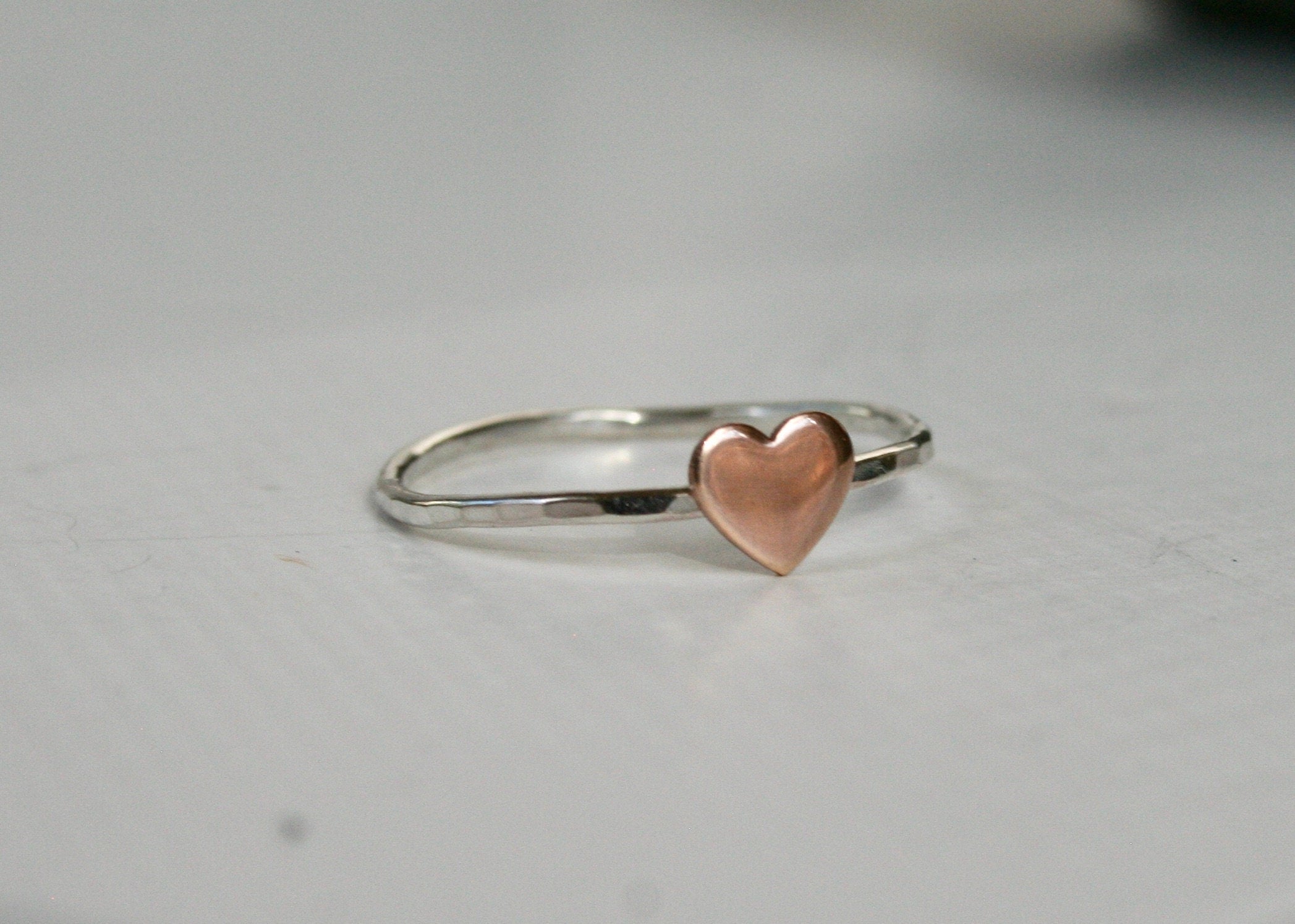 Minimal rose gold filled Heart Ring with Hammered Silver Band,  6mm Heart, Anniversary Gift
