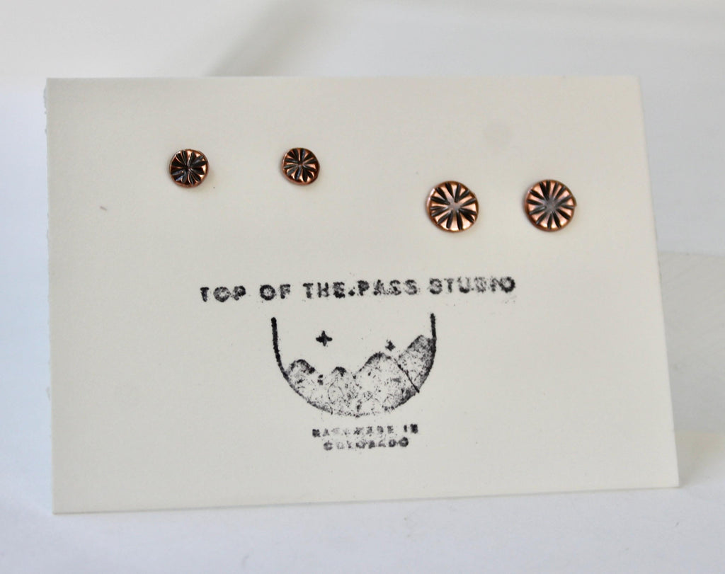 Rustic Copper Stud Earring Set, Hammered Sunburst Design