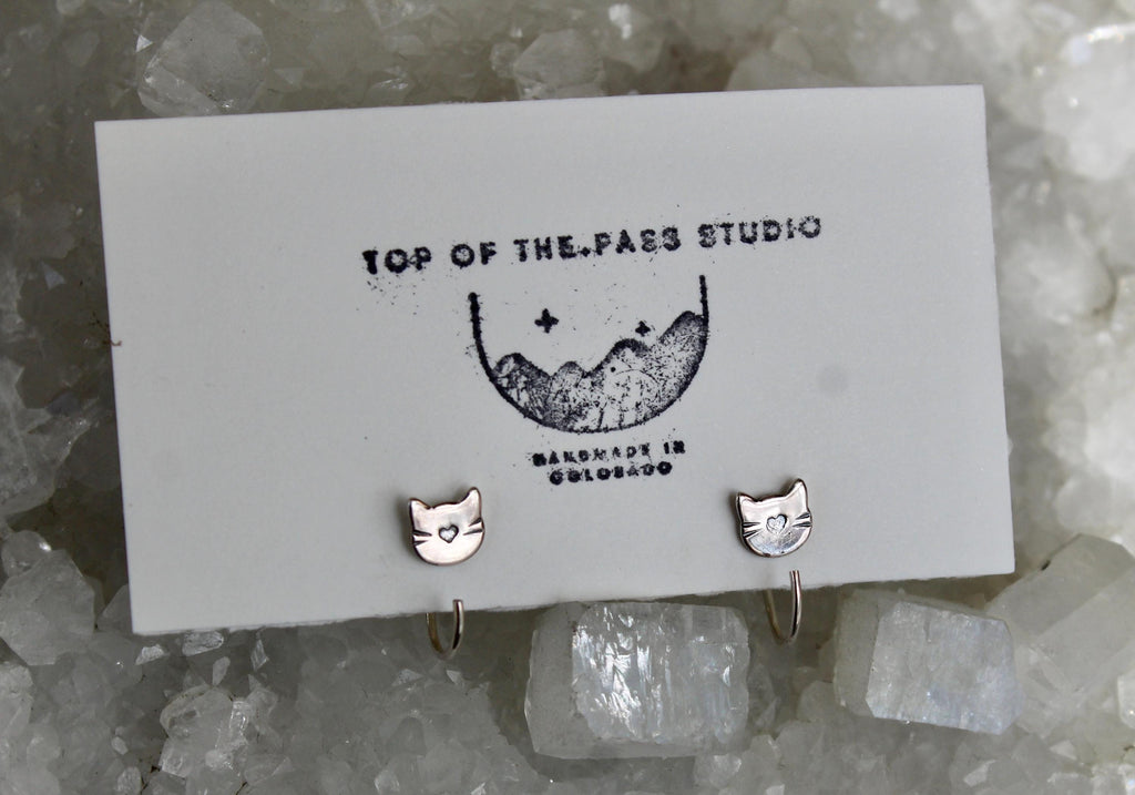 Cat Huggie Hoop Earrings, Backless Sleeper Earrings, Gift for Cat Lady, Kitty Jewelry, Small Cat Earrings, Silver Hoops, Fun Girls Earrings