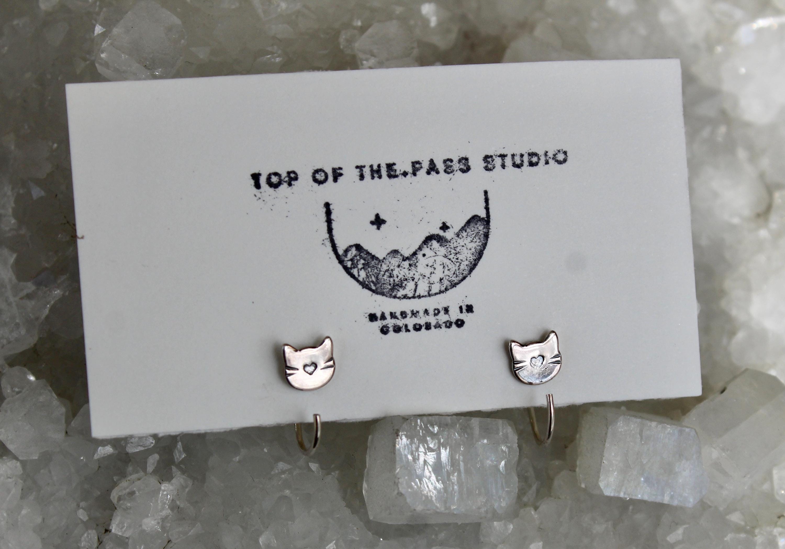 Cat Huggie Hoop Earrings, Backless Sleeper Earrings, Gift for Cat Lady, Kitty Jewelry, Small Cat Earrings, Silver Hoops, Fun Girls Earrings