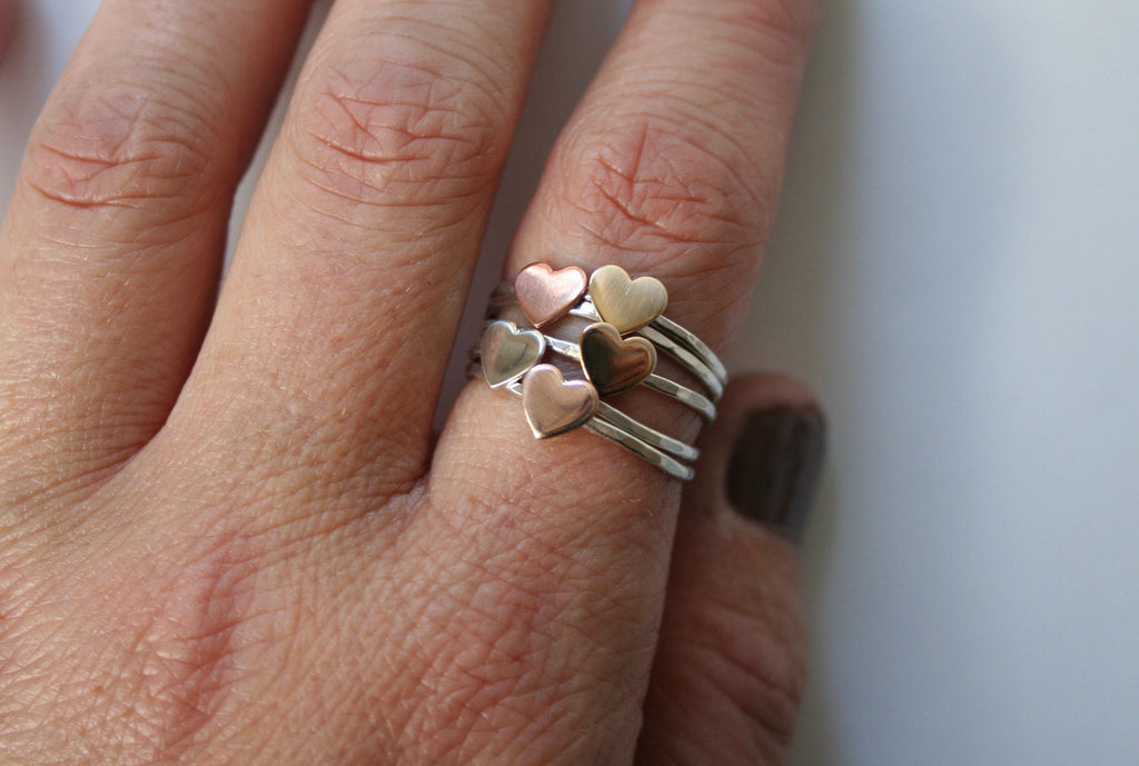 Minimal rose gold filled Heart Ring with Hammered Silver Band,  6mm Heart, Anniversary Gift