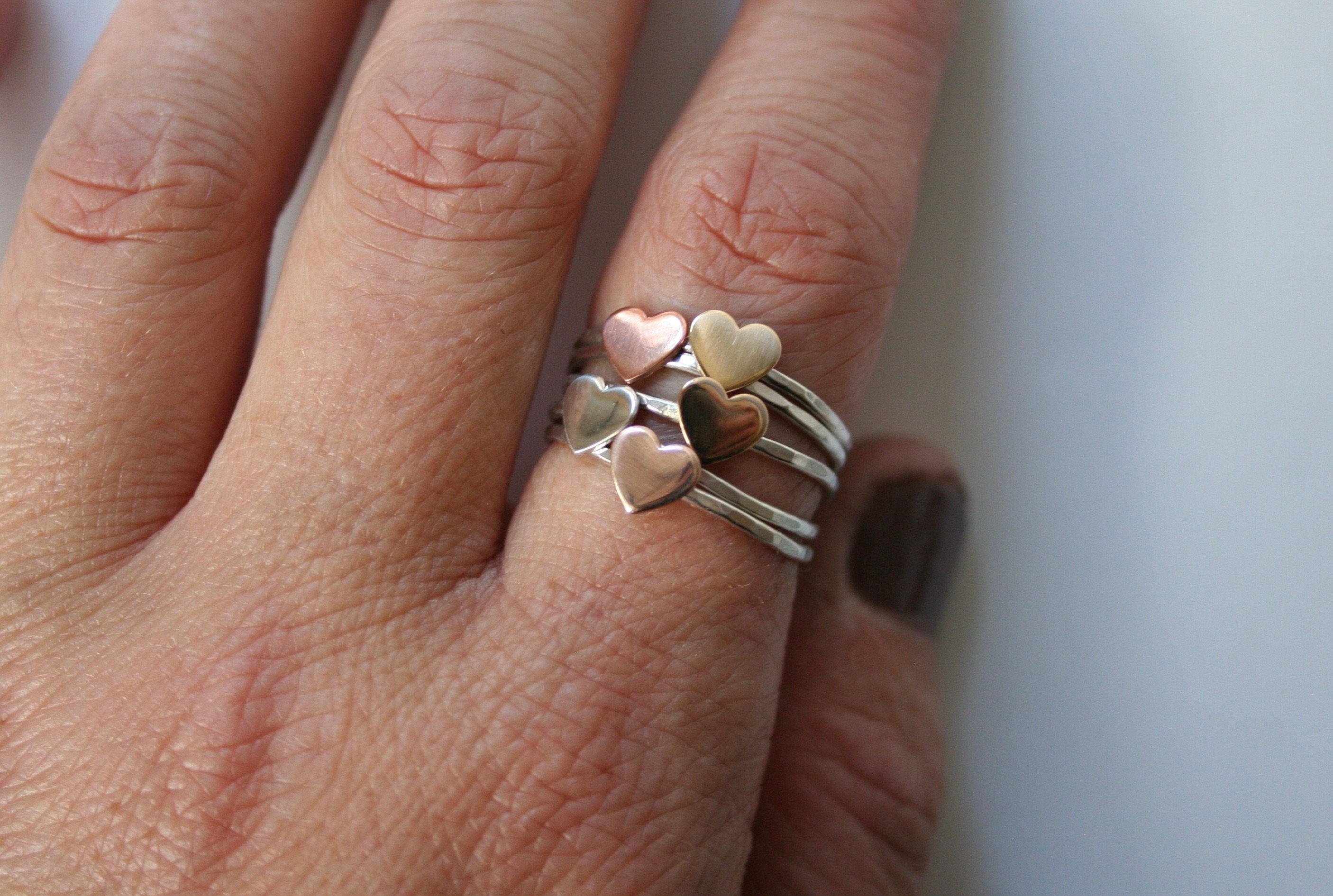 Minimal rose gold filled Heart Ring with Hammered Silver Band,  6mm Heart, Anniversary Gift