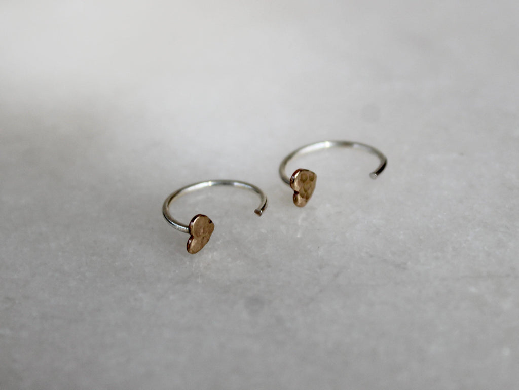 14k Gold Filled Heart Huggie Earrings, Sterling Silver Wires