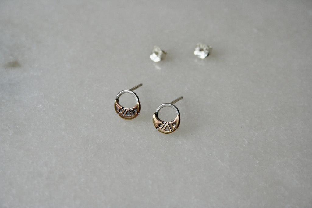 Brass and Silver unique Moon shapes design Stud earrings, Stamped Gold Moon Studs, Rustic Brass Jewelry, Open Circle Earrings, Western