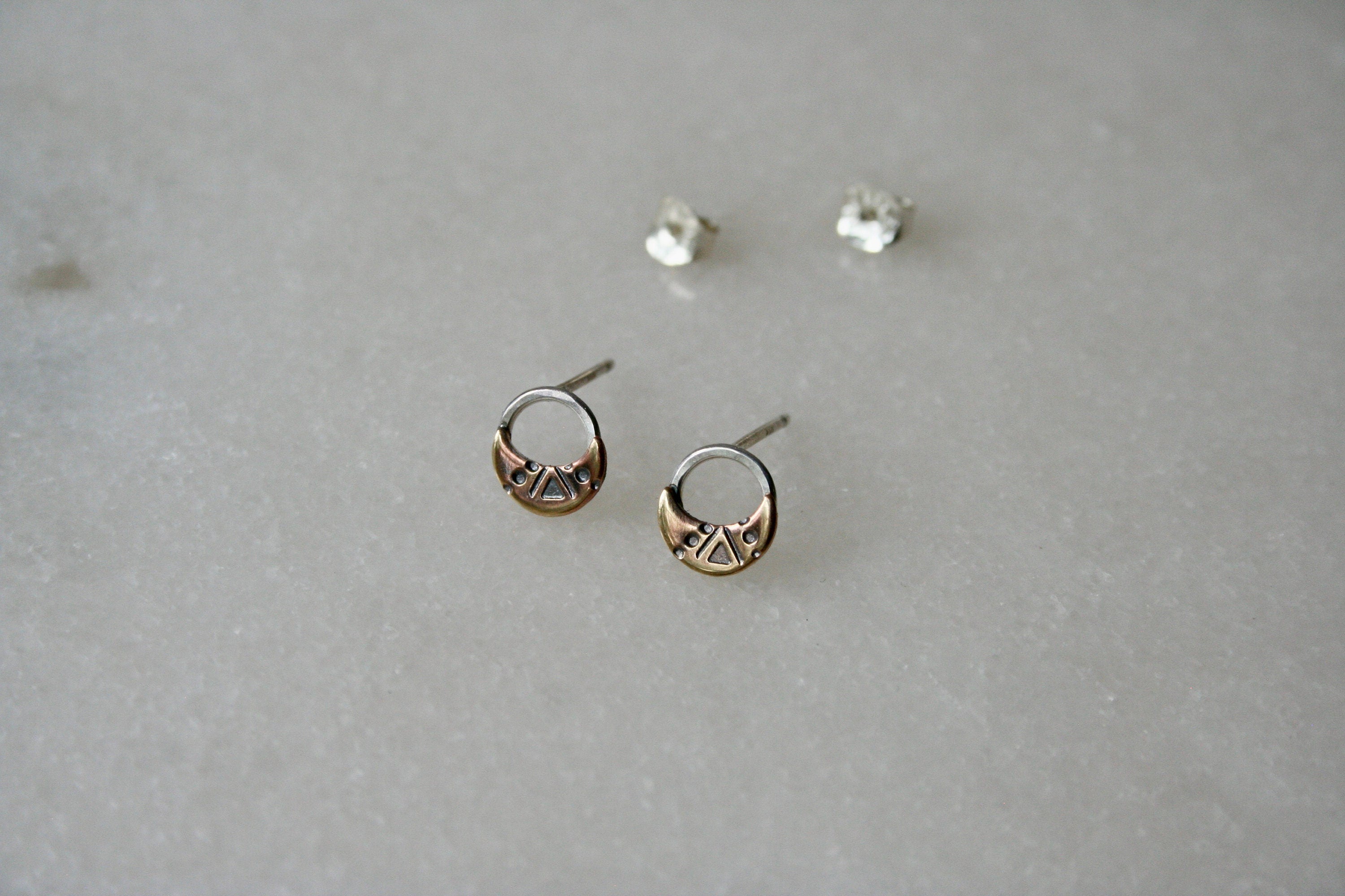 Brass and Silver unique Moon shapes design Stud earrings, Stamped Gold Moon Studs, Rustic Brass Jewelry, Open Circle Earrings, Western