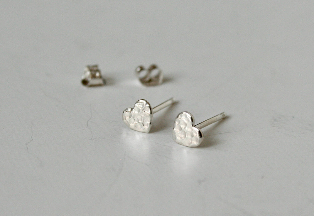 Hammered Sterling Silver Heart Stud Earrings, Tiny 5mm