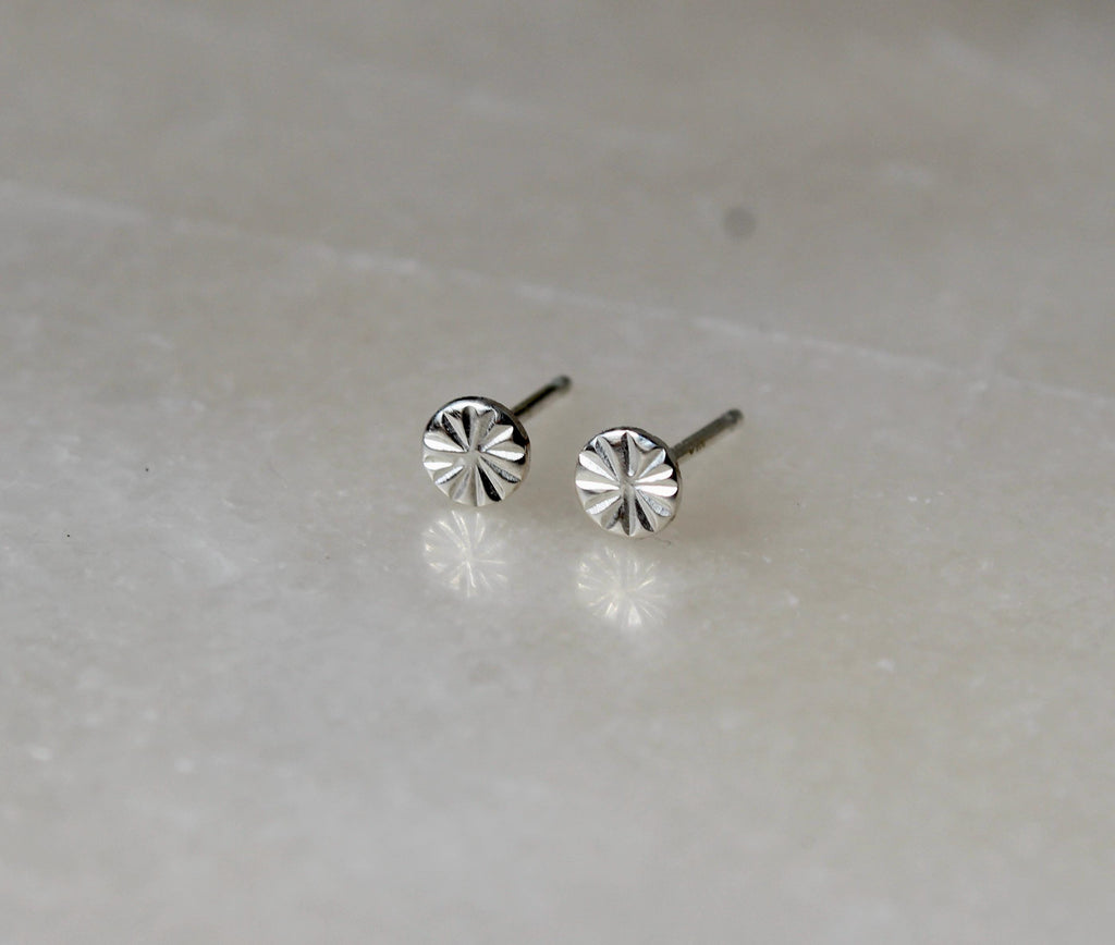 Dainty Sterling Silver Stud Earrings, Round Tiny Studs, Circle Earrings for Cartilage, Unique Hand Stamped Silver Jewelry, Gift for Her