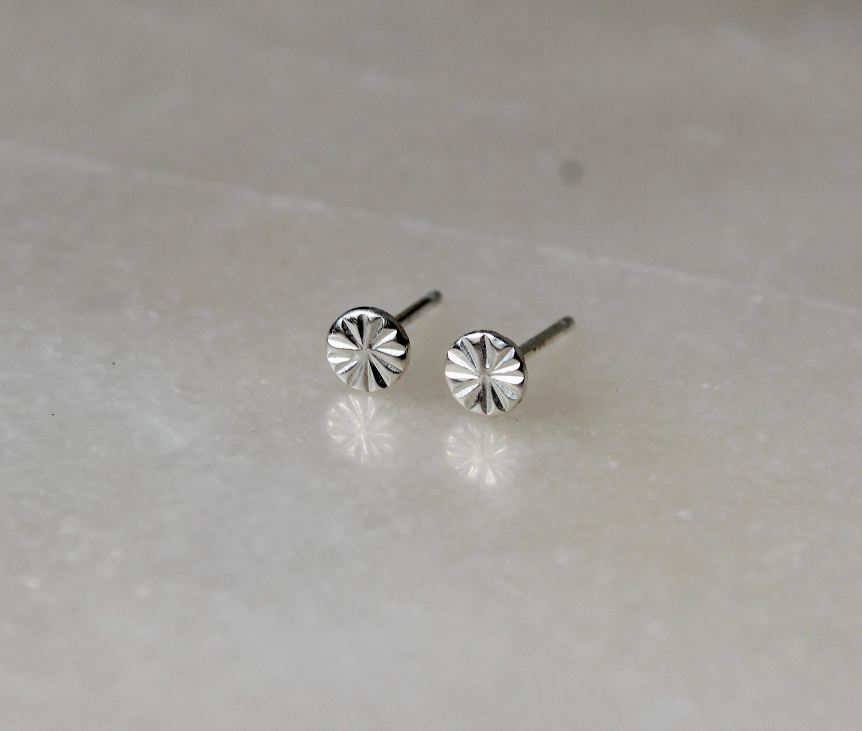 Dainty Sterling Silver Stud Earrings, Round Tiny Studs, Circle Earrings for Cartilage, Unique Hand Stamped Silver Jewelry, Gift for Her